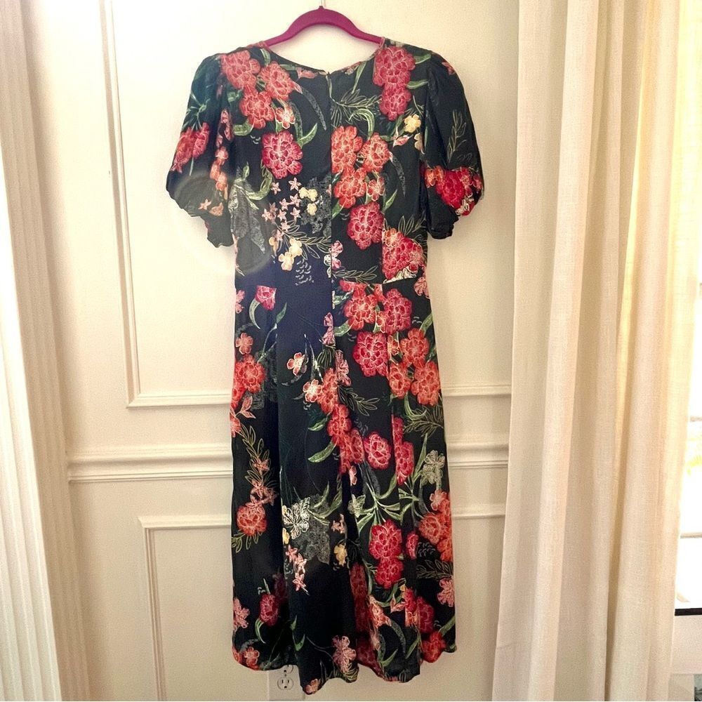 Walter Baker Wanita Rain Forest Green Floral Puff Sleeve Midi Dress Size XL NWT - Picture 11 of 12